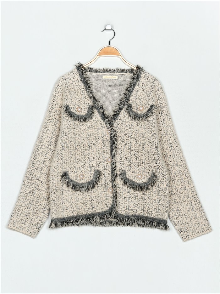 Plus size frayed Edge knitted cardigan camel