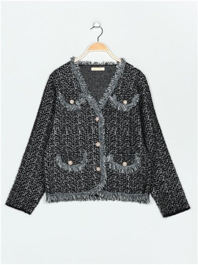 Plus size frayed Edge knitted cardigan negro