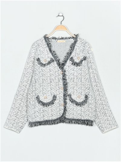 Plus size frayed Edge knitted cardigan blanco