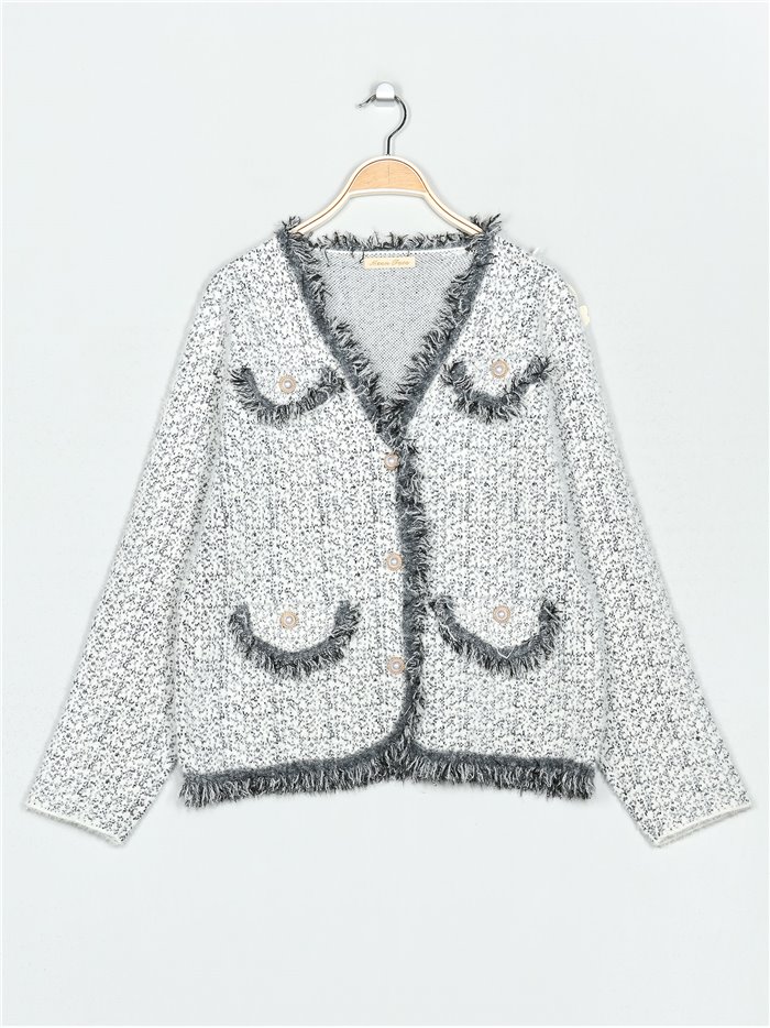 Plus size frayed Edge knitted cardigan blanco