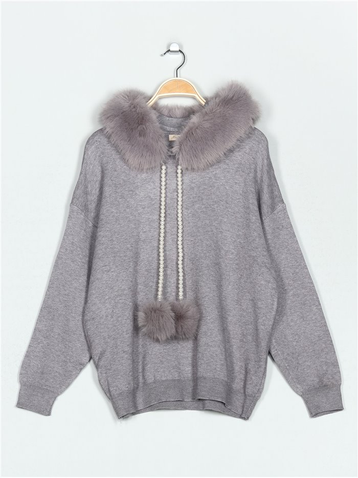 Hooded knit sweatshirts with faux fur