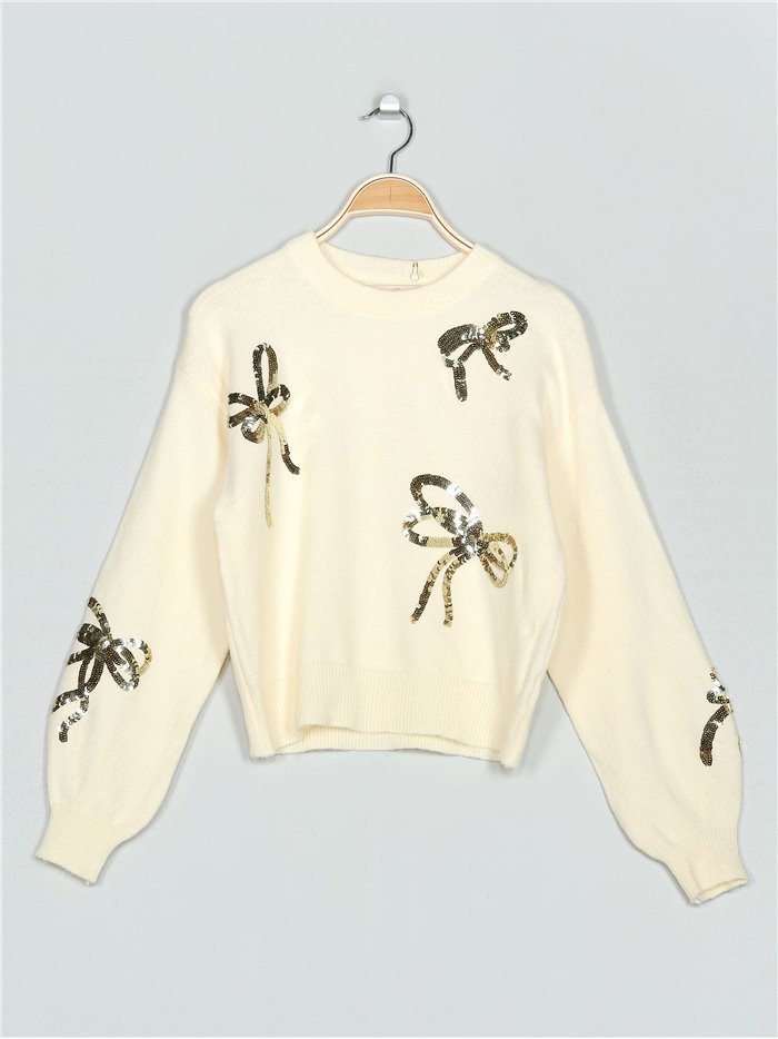 Sequinned sweater with bows