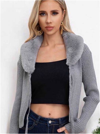 Ribbed knit cardigan with faux fur