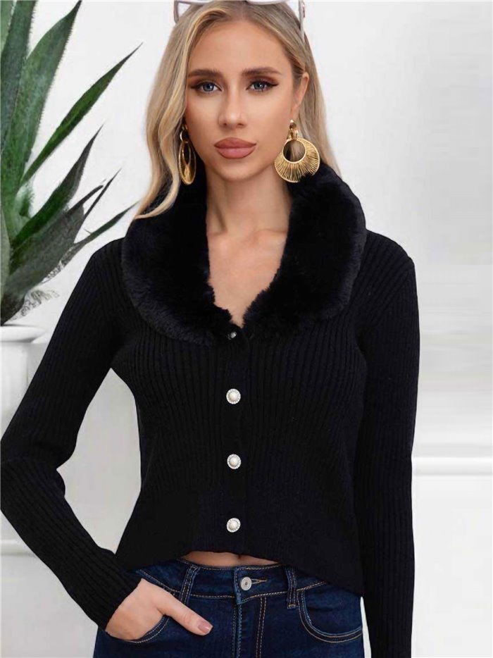 Beaded knit cardigan with faux fur