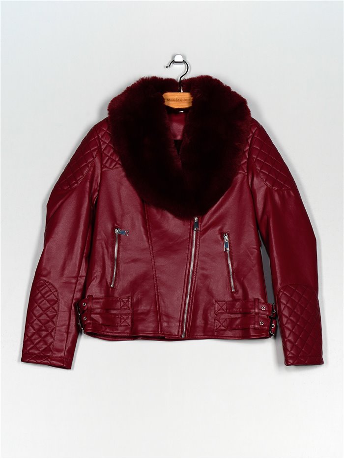 Faux leather biker jacket with faux fur wine (M-XXL)