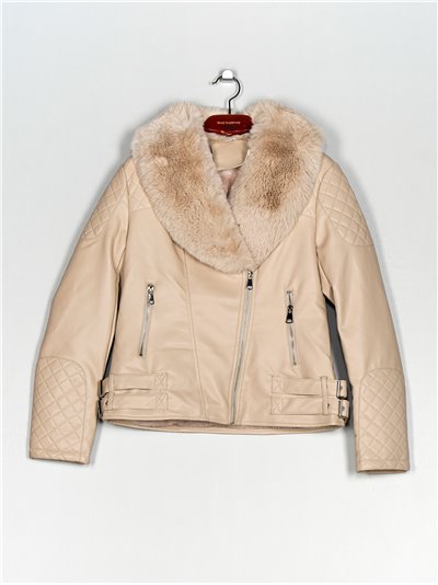 Faux leather biker jacket with faux fur apricot (M-XXL)