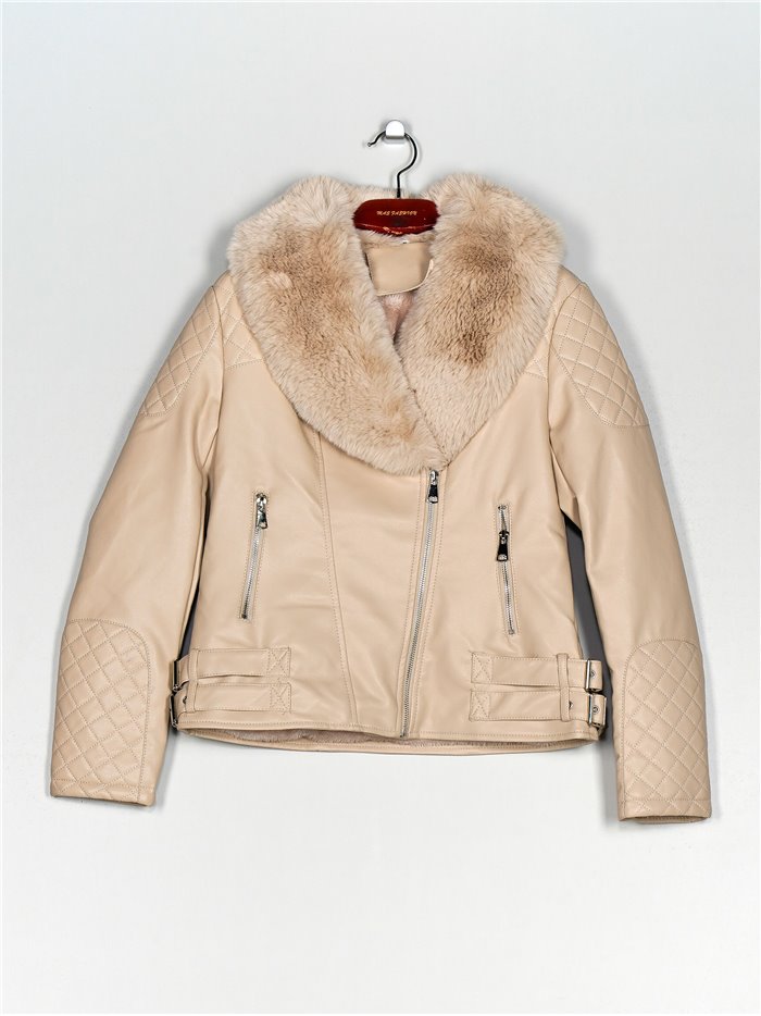 Faux leather biker jacket with faux fur apricot (M-XXL)