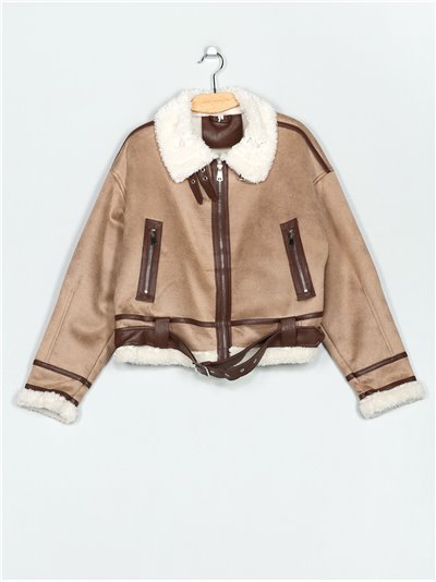 Sherpa lined faux suede jacket khaki-beige (S-M-L-XL)