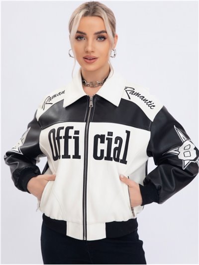 Faux leather racing jacket black-white (S-M-L-XL)