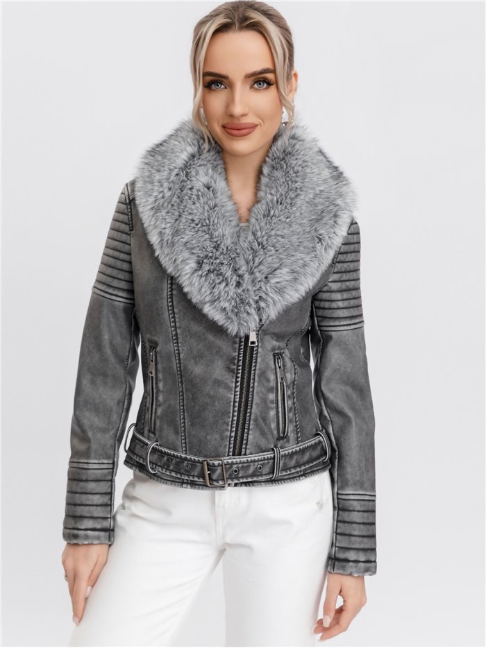 Faux leather biker jacket with faux fur black-gray (M-L-XL-2XL)