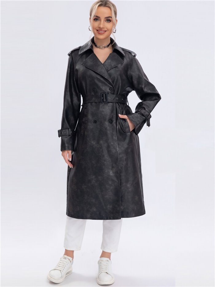 Faux leather trench coat black (S-M-L)