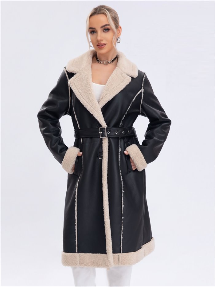 Sherpa lined faux leather coat black-apricot (M-L-XL-2XL)