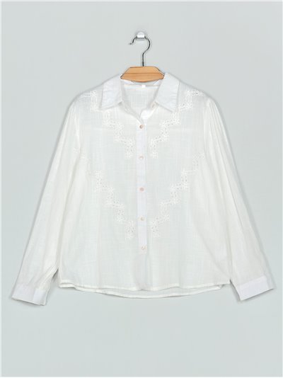 Camisa calada efecto lino blanco (S-M-L-XL)