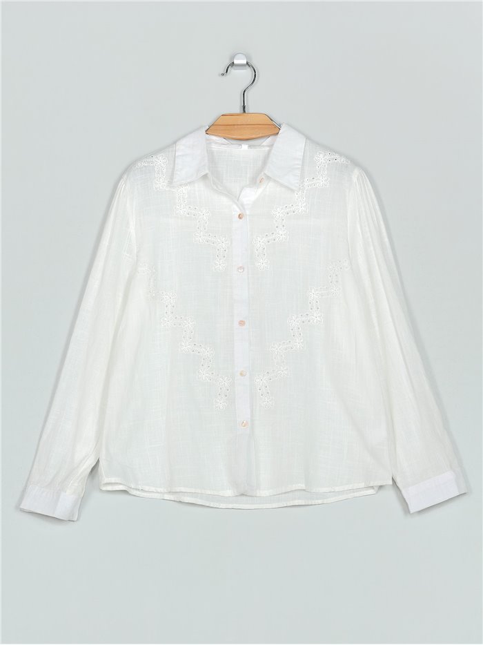 Camisa calada efecto lino blanco (S-M-L-XL)