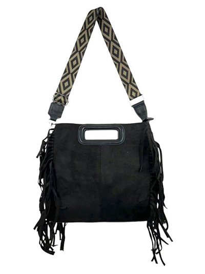 Fringed faux suede crossbody bag negro