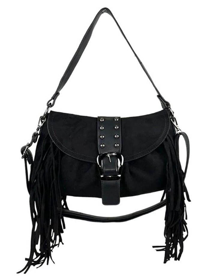 Fringed faux suede crossbody bag negro