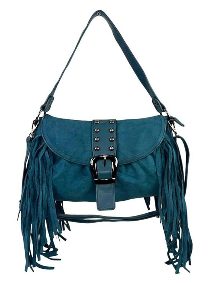 Fringed faux suede crossbody bag azul-petroleo