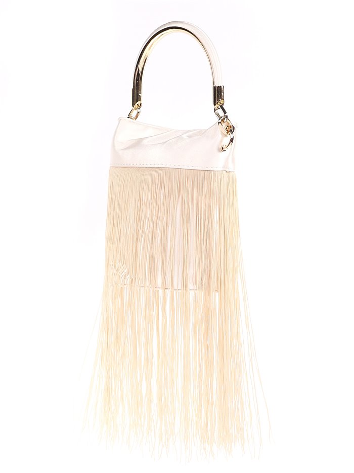 Fringed satin bucket bag beige