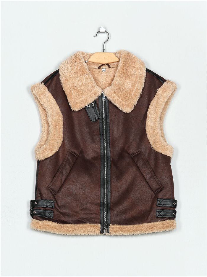 Sherpa lined faux suede waistcoat brown-apricot (S/M-L/XL)