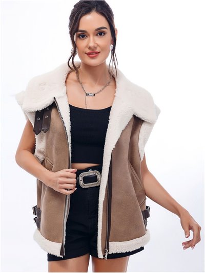 Sherpa lined faux suede waistcoat khaki-beige (S/M-L/XL)