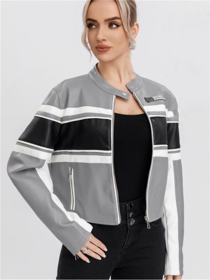 Striped faux leather jacket gray-white-black (S-M-L-XL)