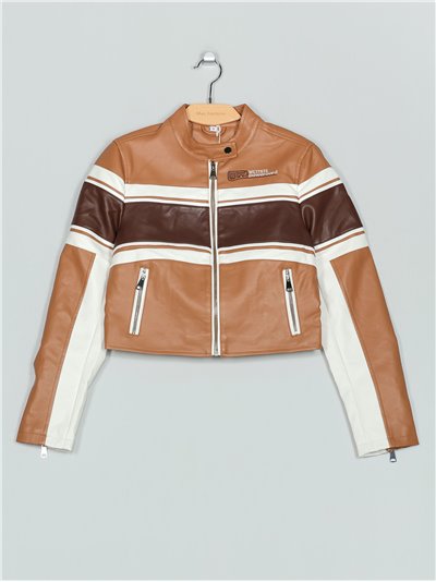 Striped faux leather camel-white-coffee jacket (S-M-L-XL)