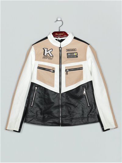 Faux leather racing jacket black-white-beige (S-M-L-XL)