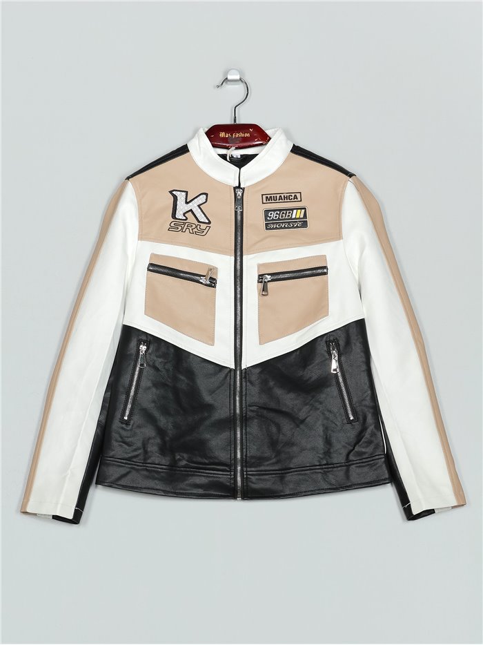 Faux leather racing jacket black-white-beige (S-M-L-XL)