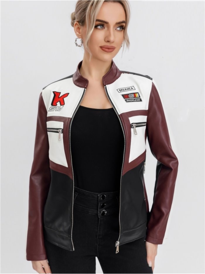 Faux leather racing jacket black-wine-white (S-M-L-XL)