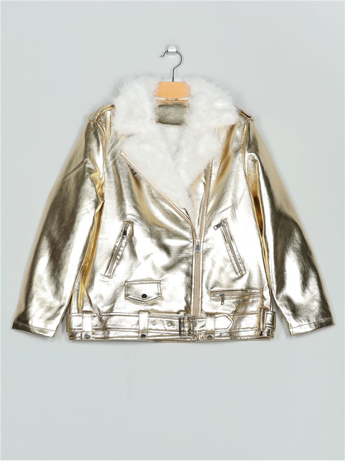 Metallic thread faux leather biker jacket golden (S/M-M/L)