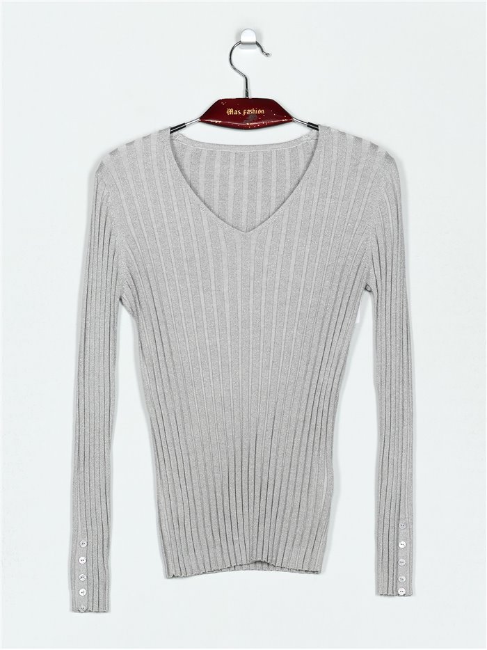 V-neck ribbed metallic thread sweater (M/L-L/XL)