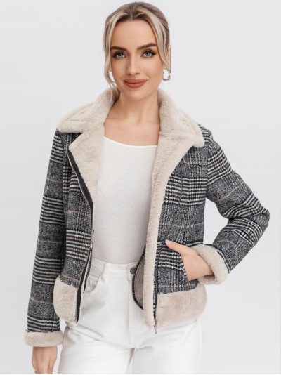 Houndstooth biker jacket with faux fur black-apricot (M-L-XL-XXL)