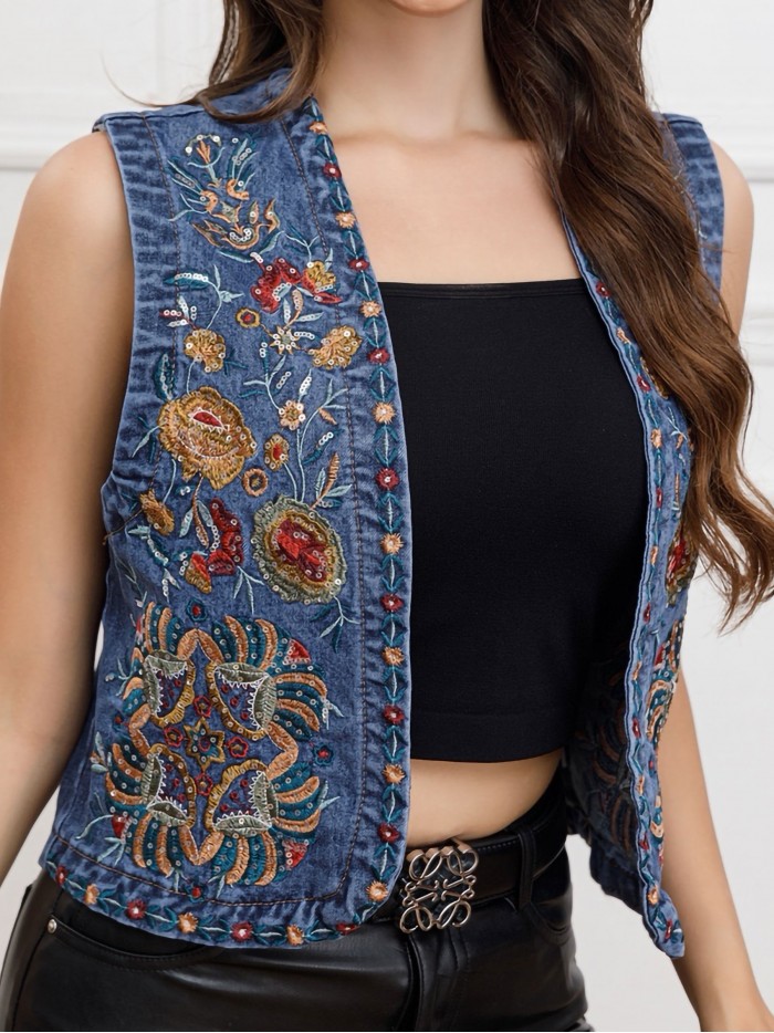 Embroidered denim waistcoat azul (S-M-L)