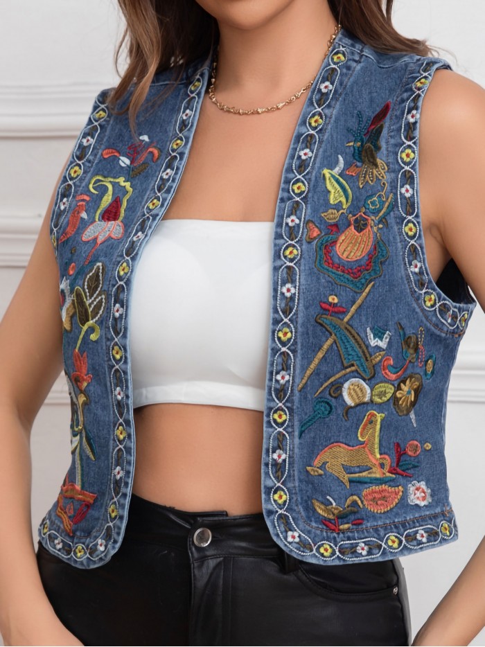 Embroidered denim waistcoat azul (S-M-L)