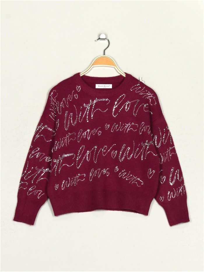 Slogan sweater with rhinestone purpura