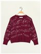 Slogan sweater with rhinestone purpura