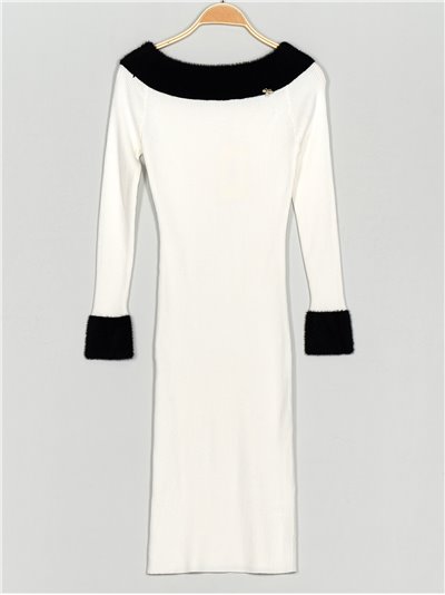 Ribbed dress with rhinestone blanco-negro