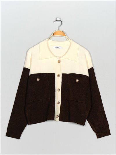 Contrast knit cardigan marron-beis