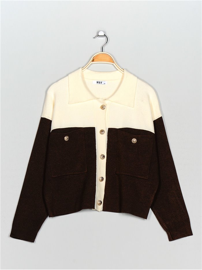 Contrast knit cardigan marron-beis