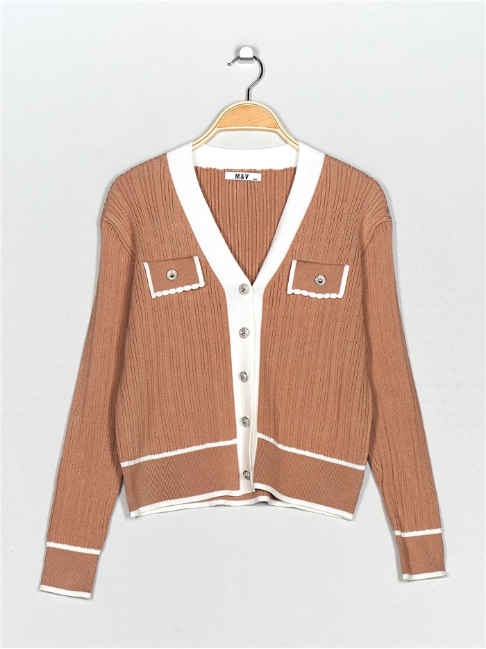 Knit cardigan with rhinestone buttons camel