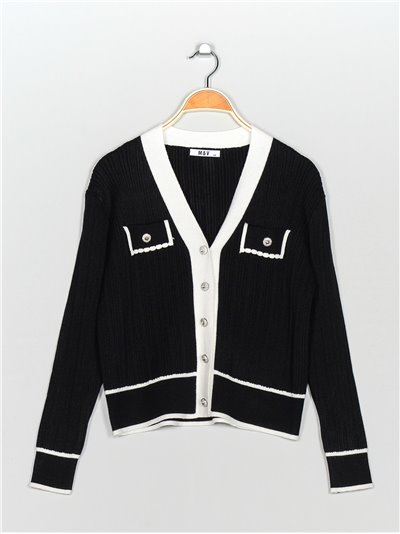 Knit cardigan with rhinestone buttons negro