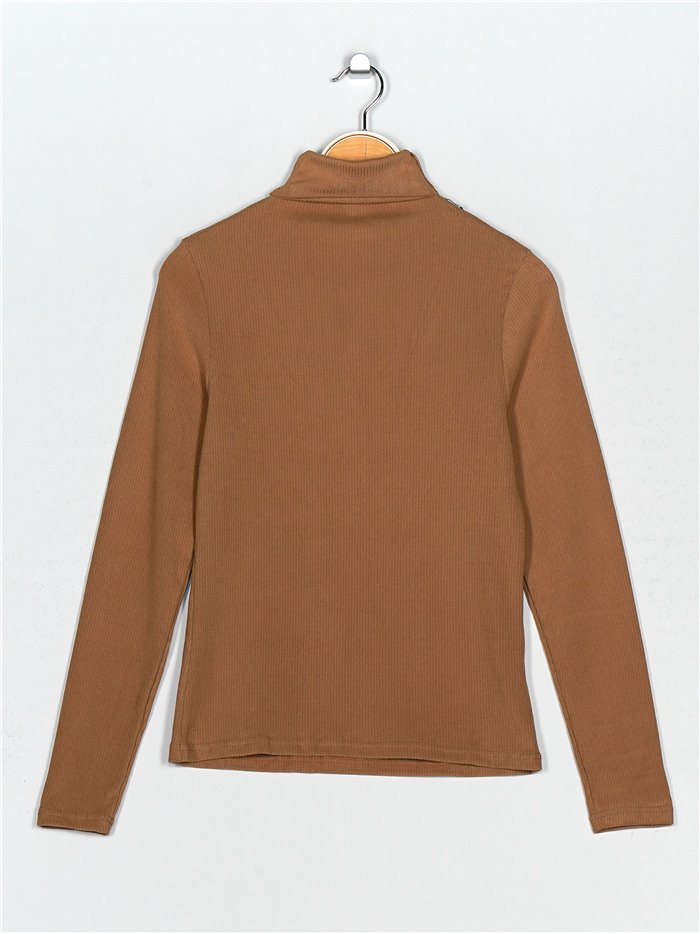 Roll neck ribbed t-shirt camel