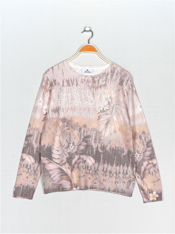 Printed soft sweater camel