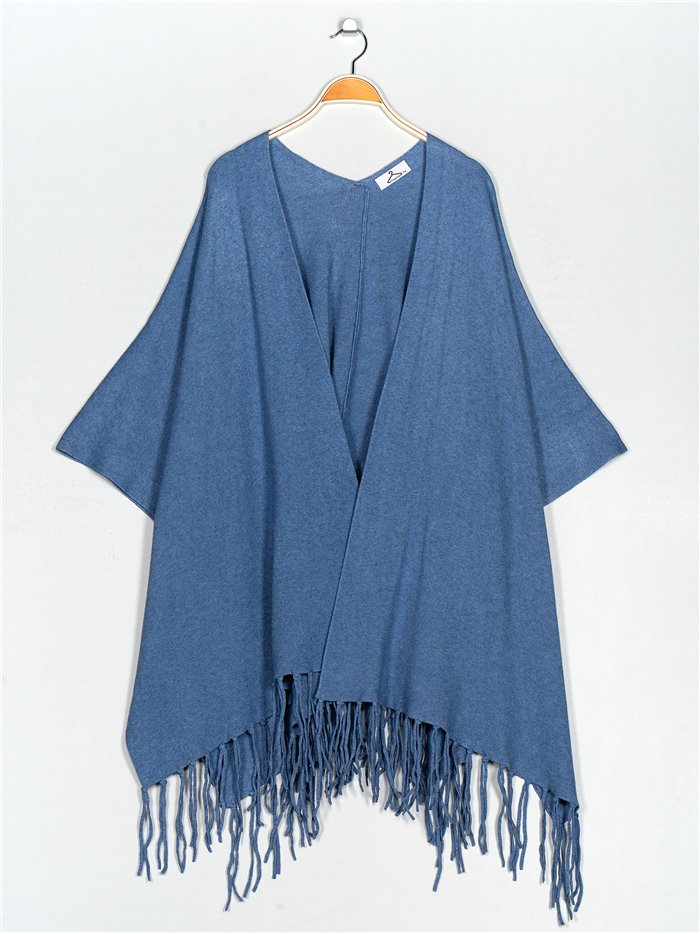 Maxi knit cape with fringing azul