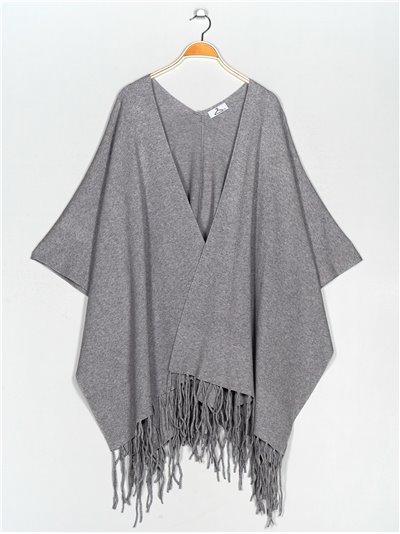 Maxi knit cape with fringing gris