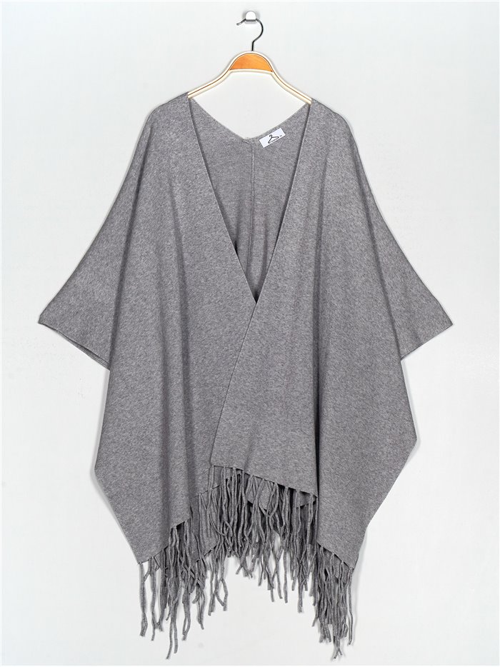 Maxi knit cape with fringing gris