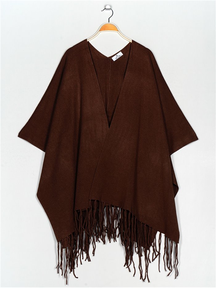 Maxi knit cape with fringing marron