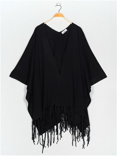 Maxi knit cape with fringing negro