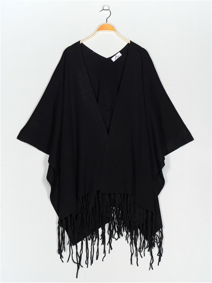 Maxi knit cape with fringing negro