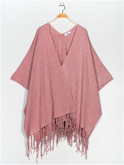 Maxi knit cape with fringing rosa